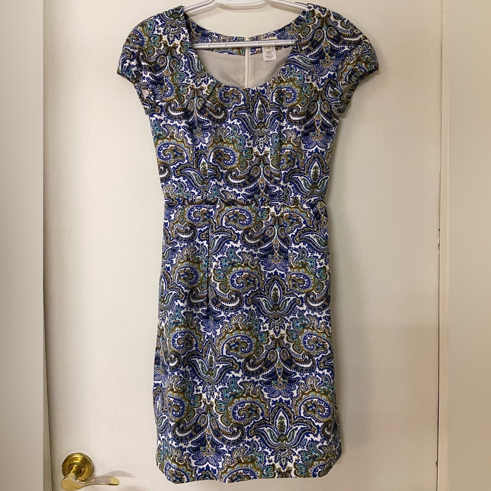 J. Crew Peacock Paisley Sheath Dress silk cotton blend size 00 short sleeve